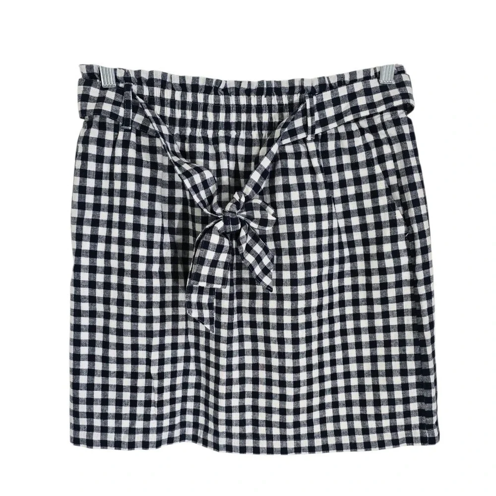 J.Crew Re-Imagined Gingham Linen Cotton Paperbag Mini Skirt Navy White BI249 M